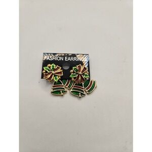 AIM Vintage Christmas Bell Earrings Gold Tone Red Green Enamel Holiday Jewelry